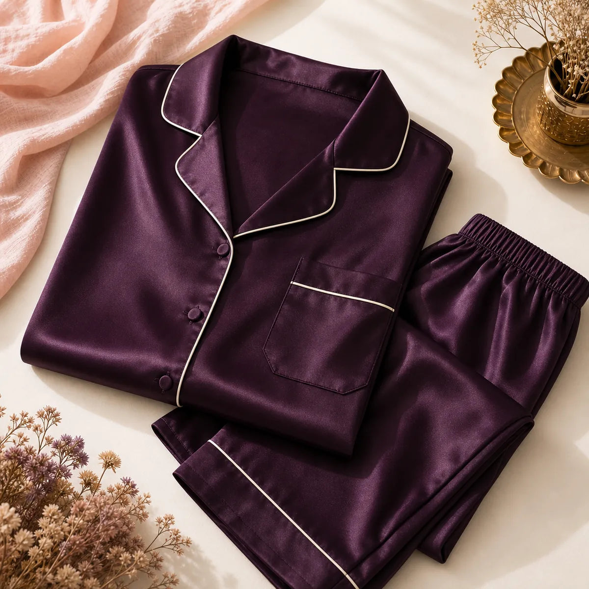VELOURA Moonlight Satin Pyjama Set fabric and finishing detail — temporary concept image