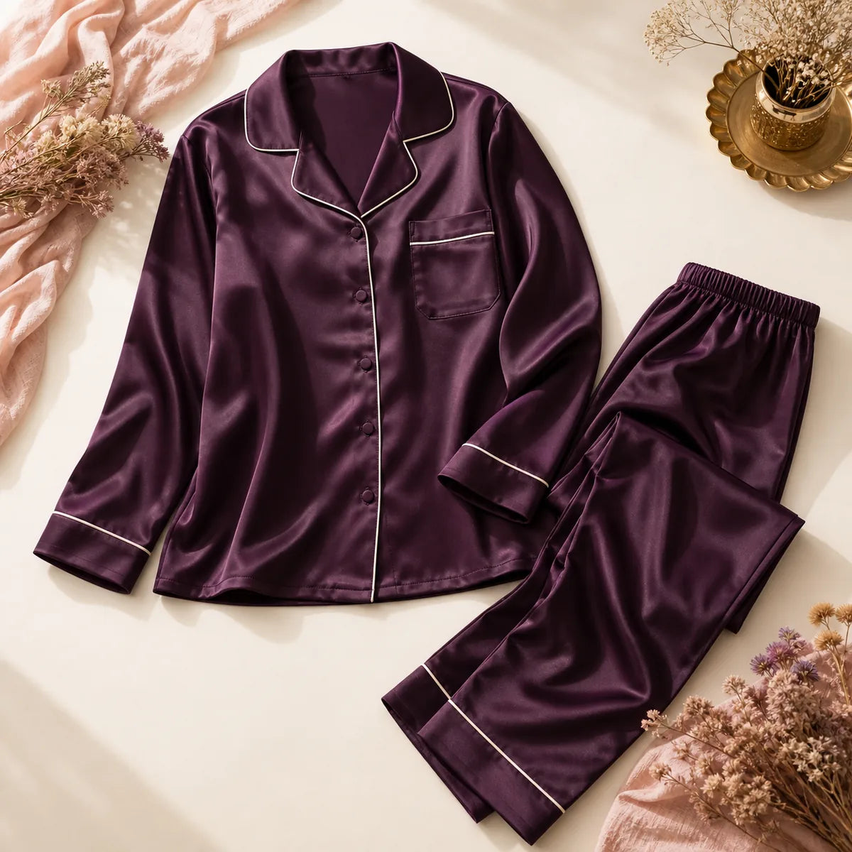 VELOURA Moonlight Satin Pyjama Set flat lay — temporary concept image