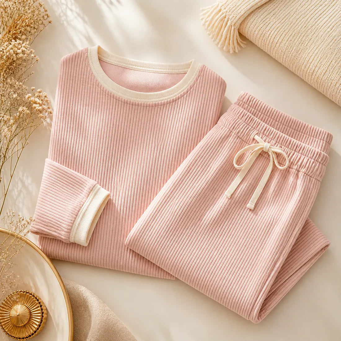 VELOURA Soft Dawn Lounge Set rib-knit and waistband detail — temporary concept image