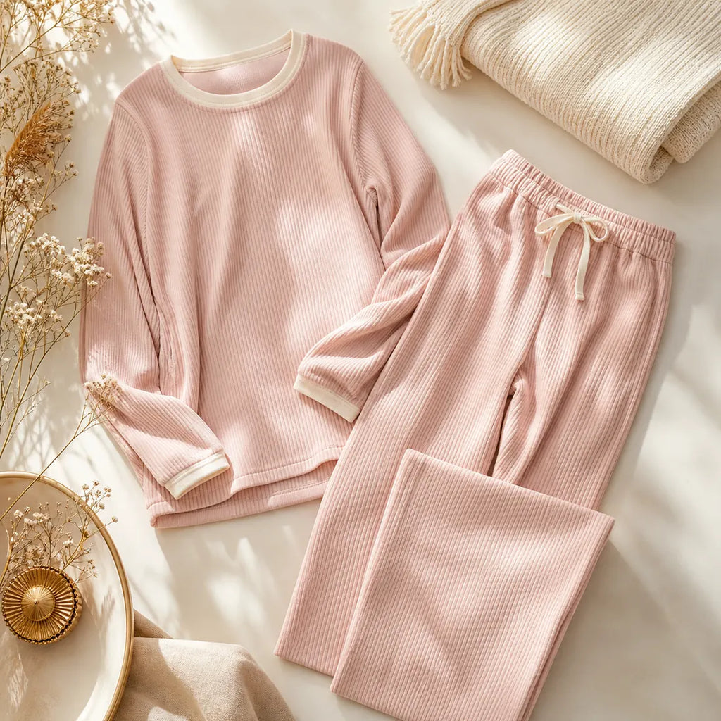 VELOURA Soft Dawn Lounge Set flat lay — temporary concept image